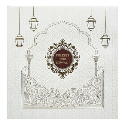 White Arch Lantern Padded Wedding Card-KJTS1856