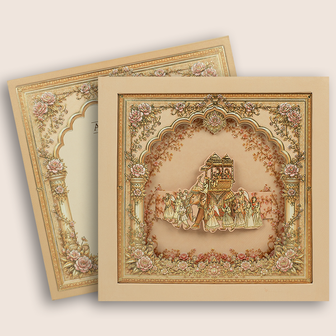 Beige Royal Baraat Laser Cut Padded Wedding Card - KPR026190