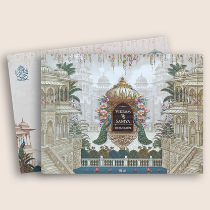 Grey Royal Palace Peacock Padded Wedding Invitation - KSH18910