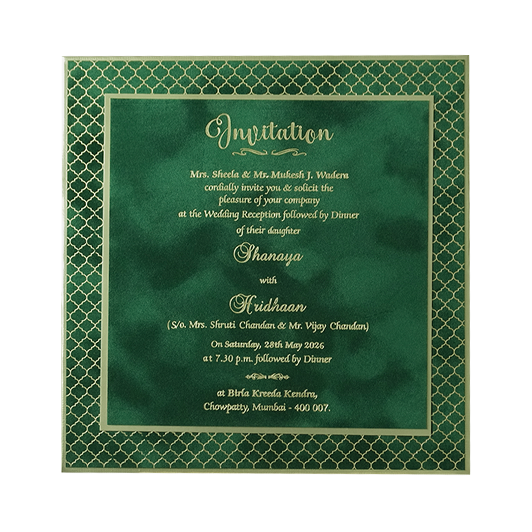 Green Gold Square Padded Wedding Card-KMMSC201