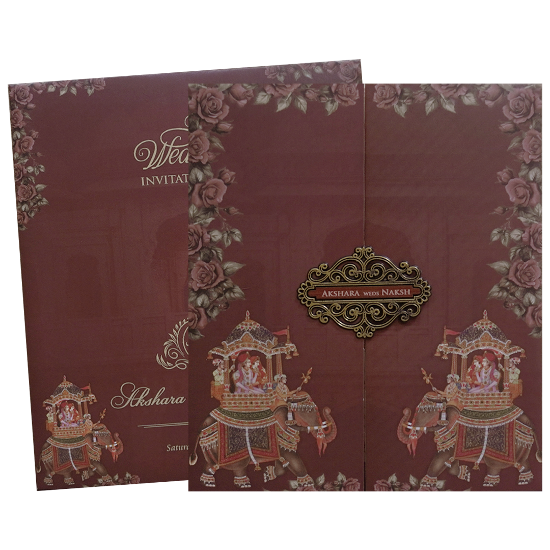 Maroon Royal Couple Elephant Wedding Invitation Card - KVN07570