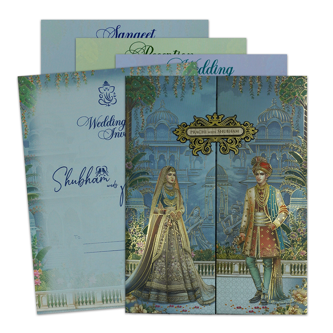 Blue Royal Couple Padded Wedding Card-KSH73150