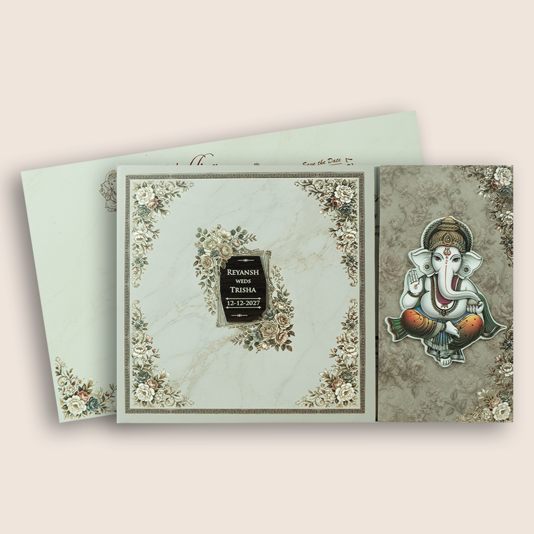 Beige Lord Ganesha Padded Door Style Wedding Card - KSH18160