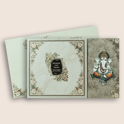 Beige Lord Ganesha Padded Door Style Wedding Card - KSH18160