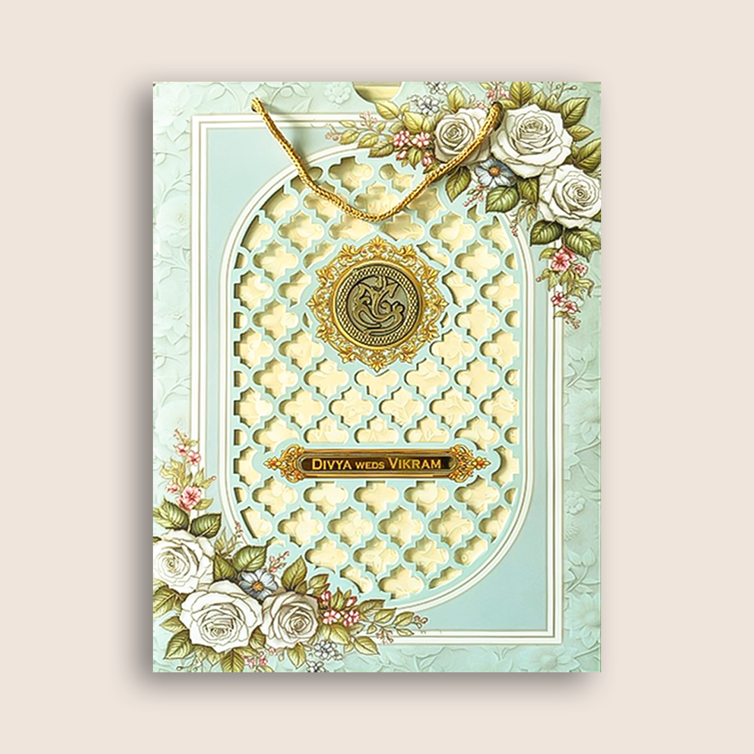 Pastel Blue Laser-Cut Floral Bag Style Wedding Card - KNAS3105
