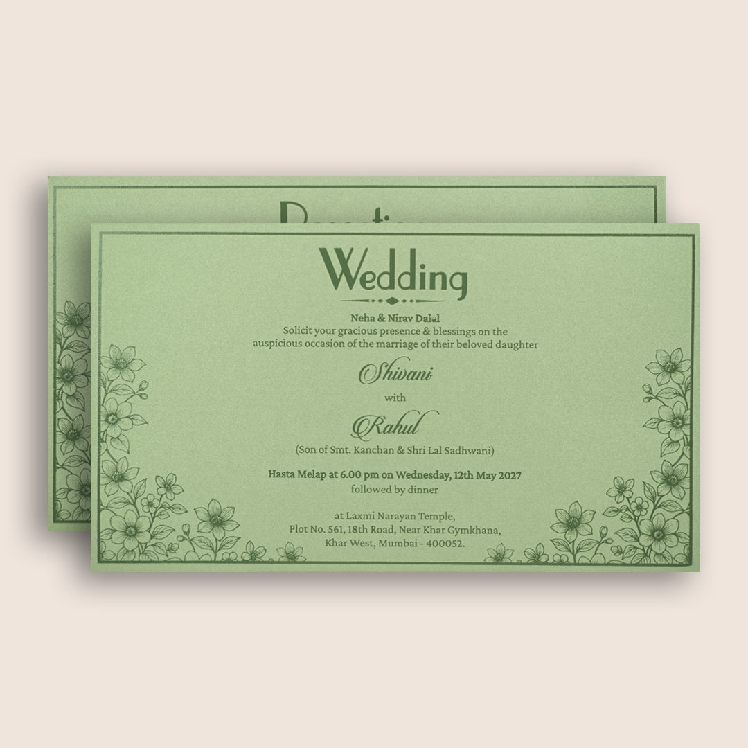 Pista Green Embossed Floral Wedding Card - KPR07580
