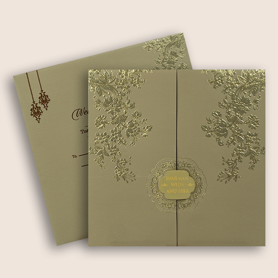 Beige Embossed Floral Door Style Padded Marriage Card - KRB10441