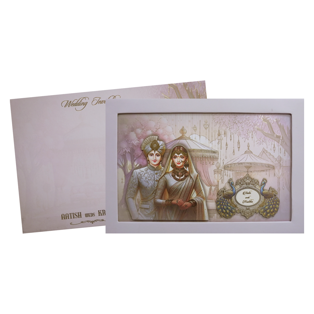Pastel Lavender Modern Couple Peacock Laser Cut Padded Wedding Card -KMMEX8190