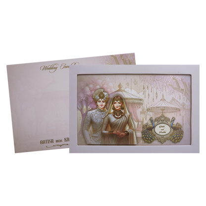 Pastel Lavender Modern Couple Peacock Laser Cut Padded Wedding Card -KMMEX8190