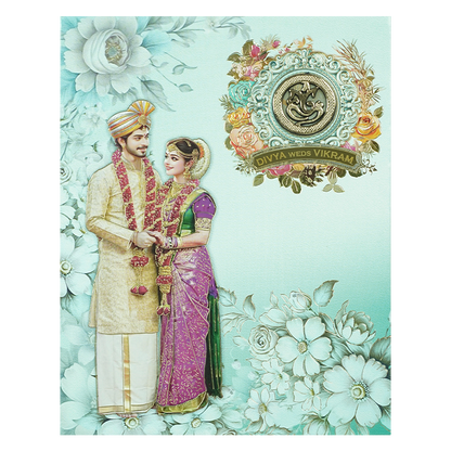 Blue Floral Couple Padded Wedding Card-KNMO9314