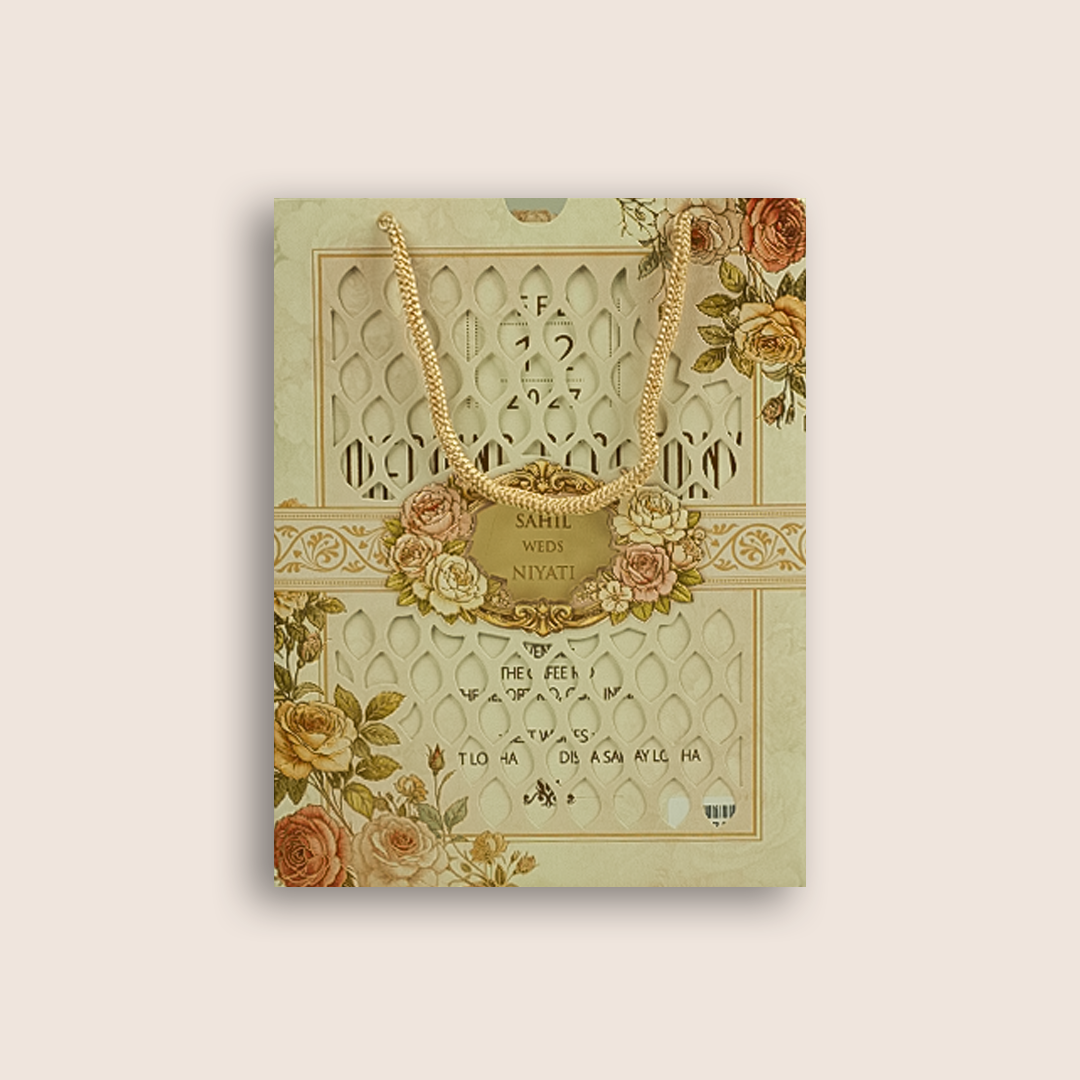 Cream Floral Laser Cut Bag Style Wedding Card - KPR07170