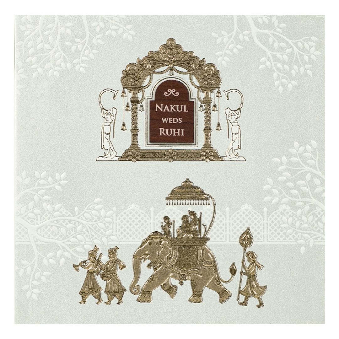 White Royal Procession Elephant Wedding Card-KRE28540