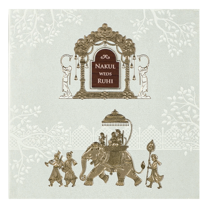 White Royal Procession Elephant Wedding Card-KRE28540
