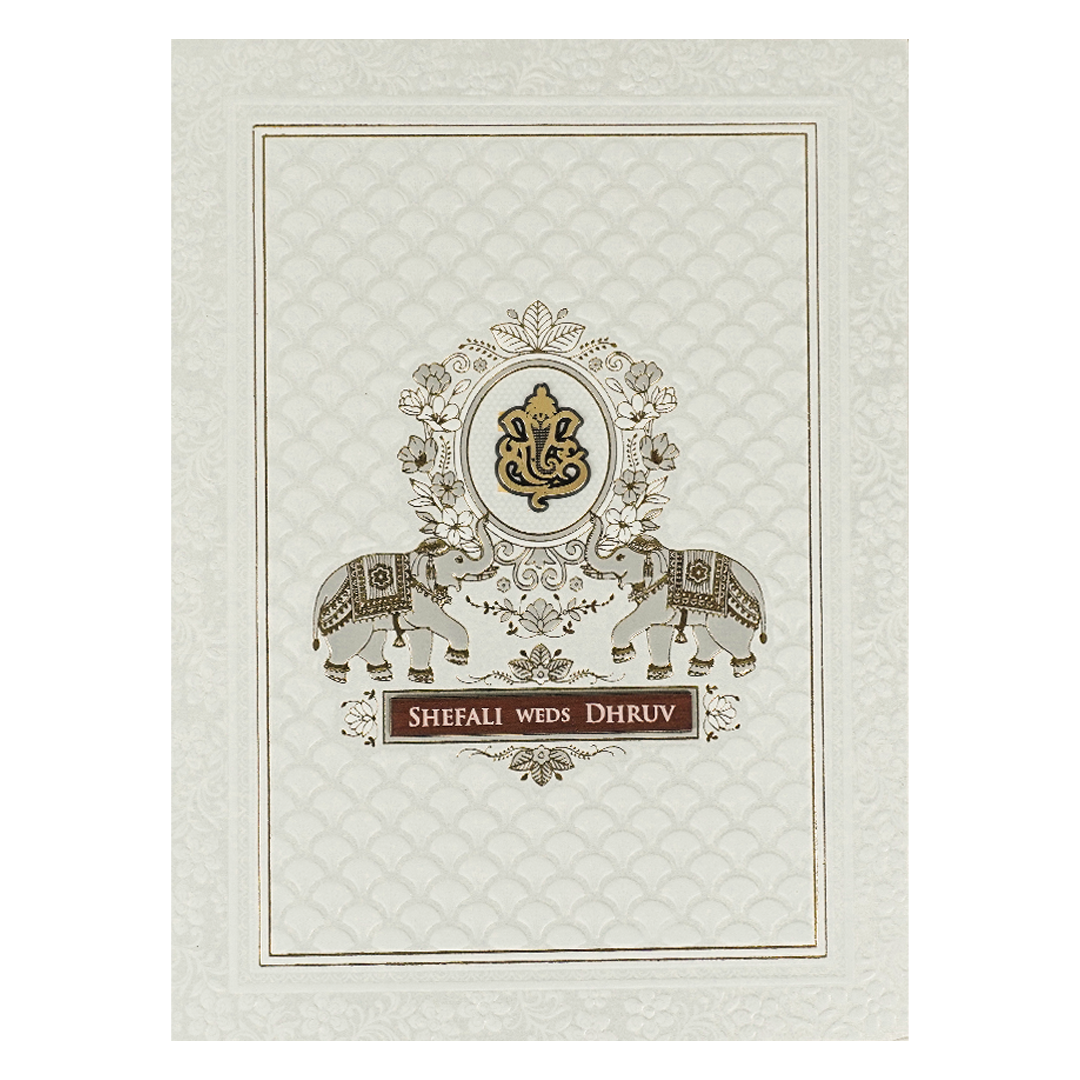 White Embossed Royal Elephant Wedding Card-KRE28420