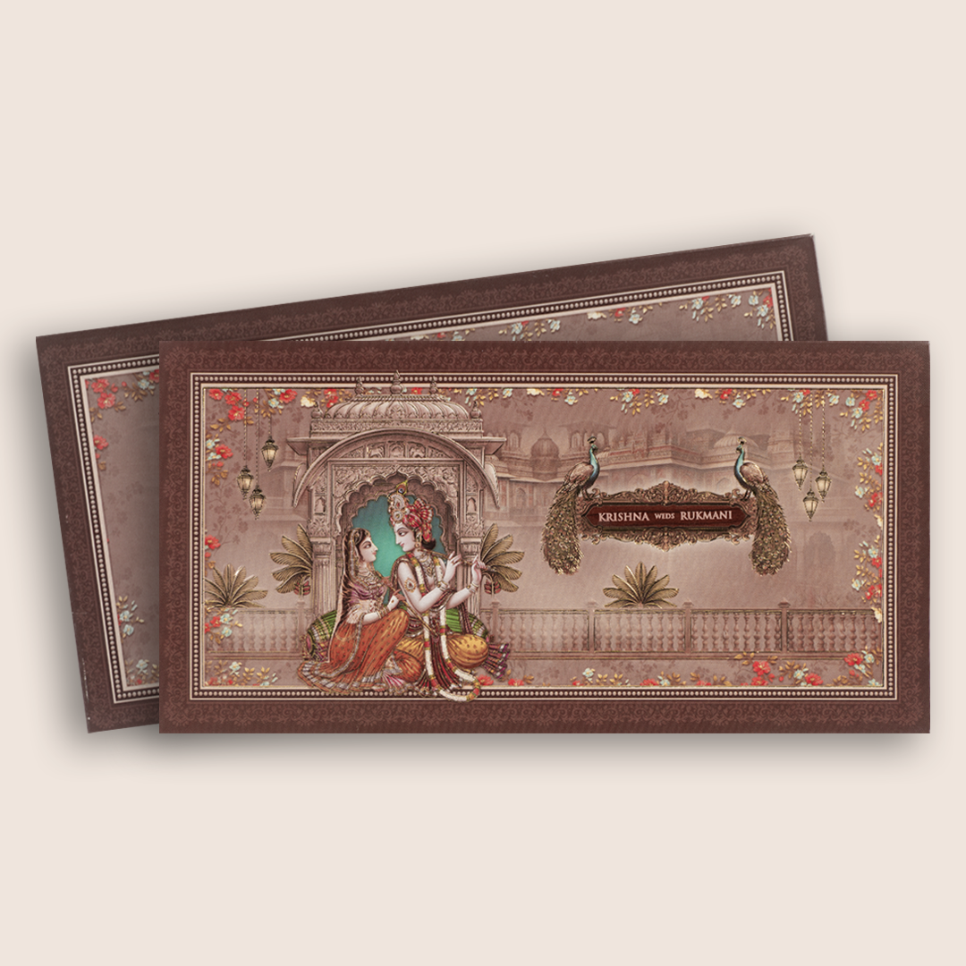 Brown Lord Radha Krishna Wedding Card - KJTS1931