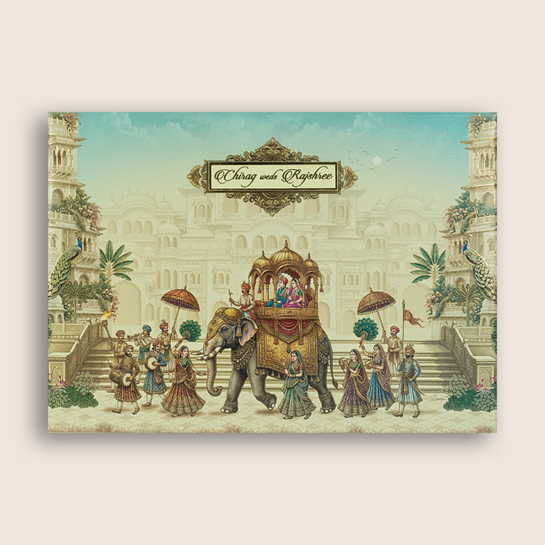 Cream Royal Elephant Baraat Padded Invitation Card - KAA06120
