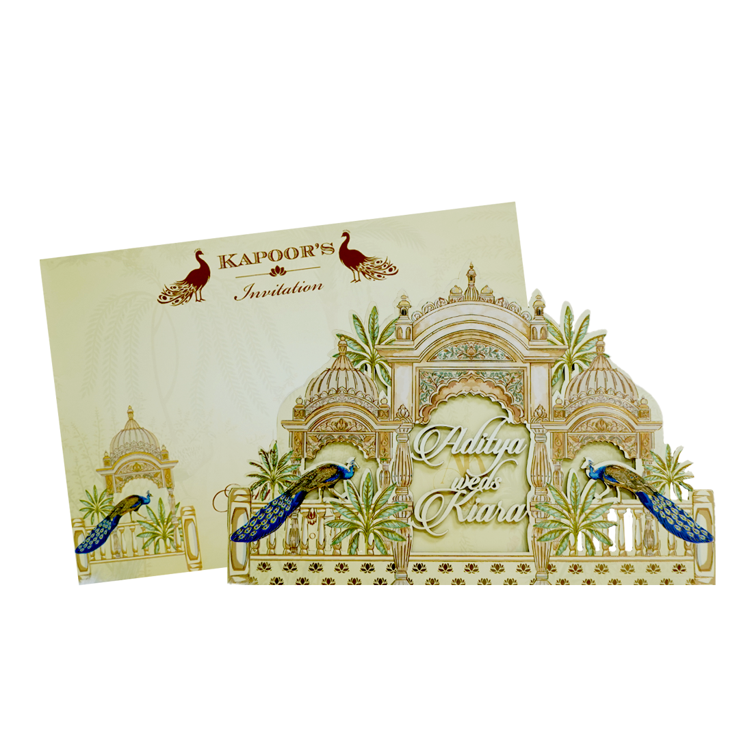 Yellow Palace Peacock Laser Cut Wedding Card - KFR15060