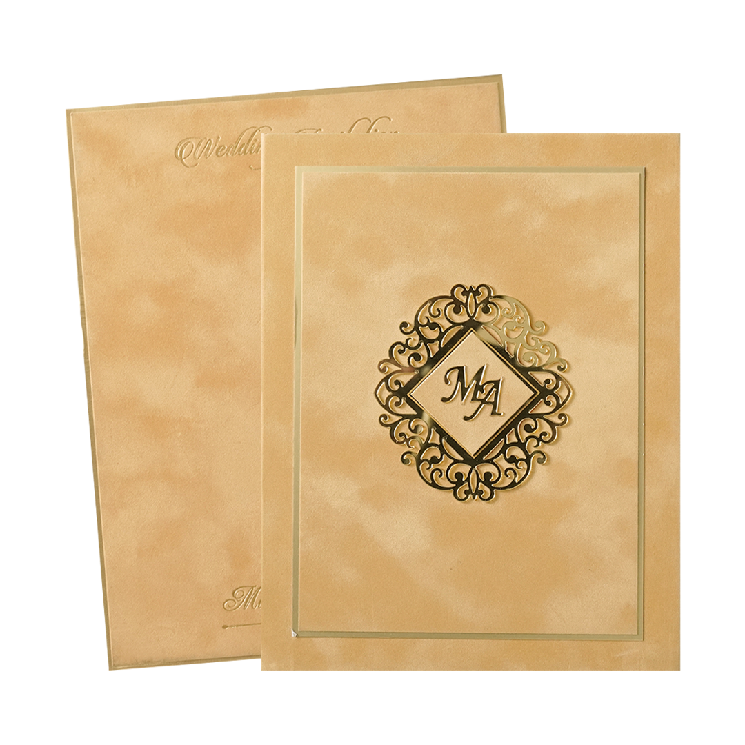 Check out Luxury Gold Monogram Padded Wedding Card at best price. ✅WhatsApp Support ✅Express Delivery. | King of Cards.