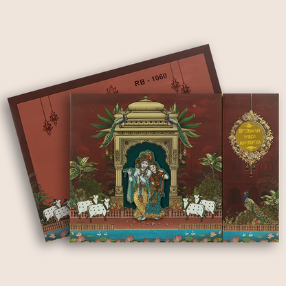 Maroon Radha Krishna Door Style Padded Wedding Card - KRB10600
