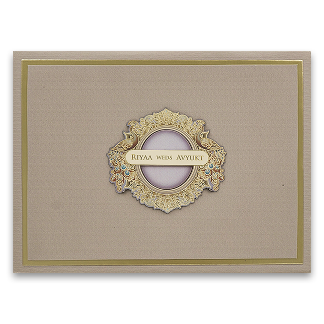 Beige Padded Peacock Premium Wedding Card - KRC31590