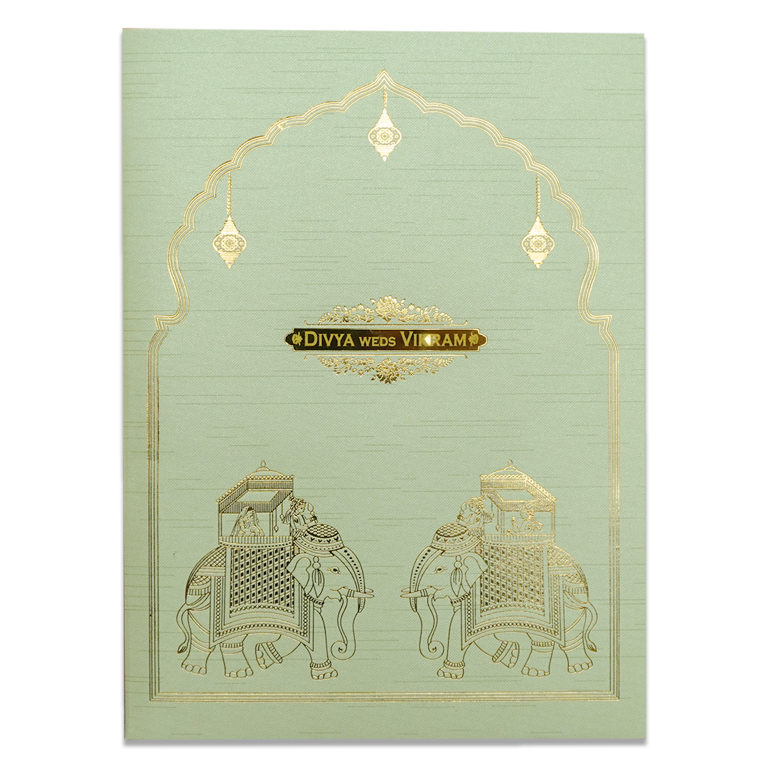 Green Royal Elephant Wedding Card-KNRM7083N