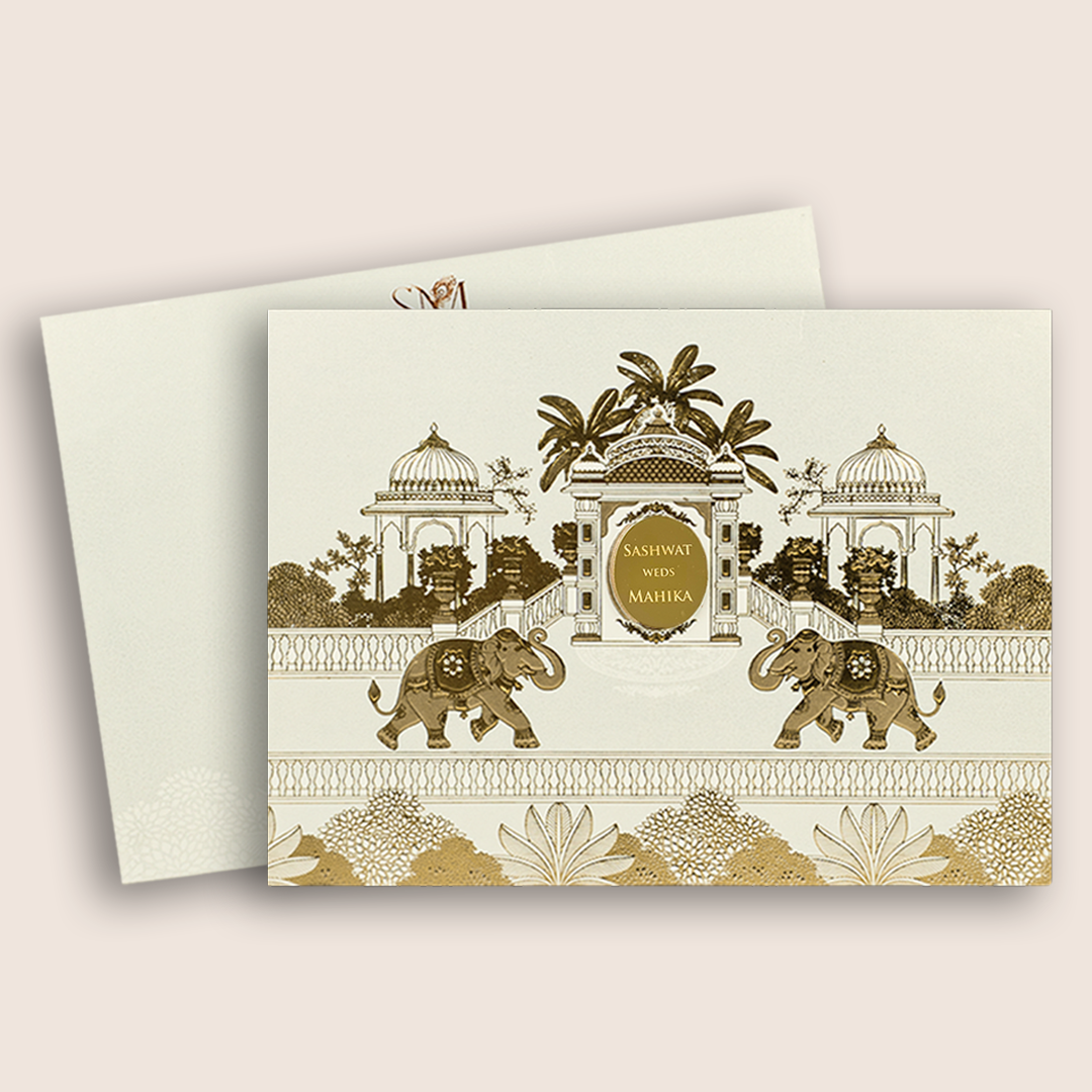 Ivory Jharokha Elephant Padded Invitation Card - KRE29270