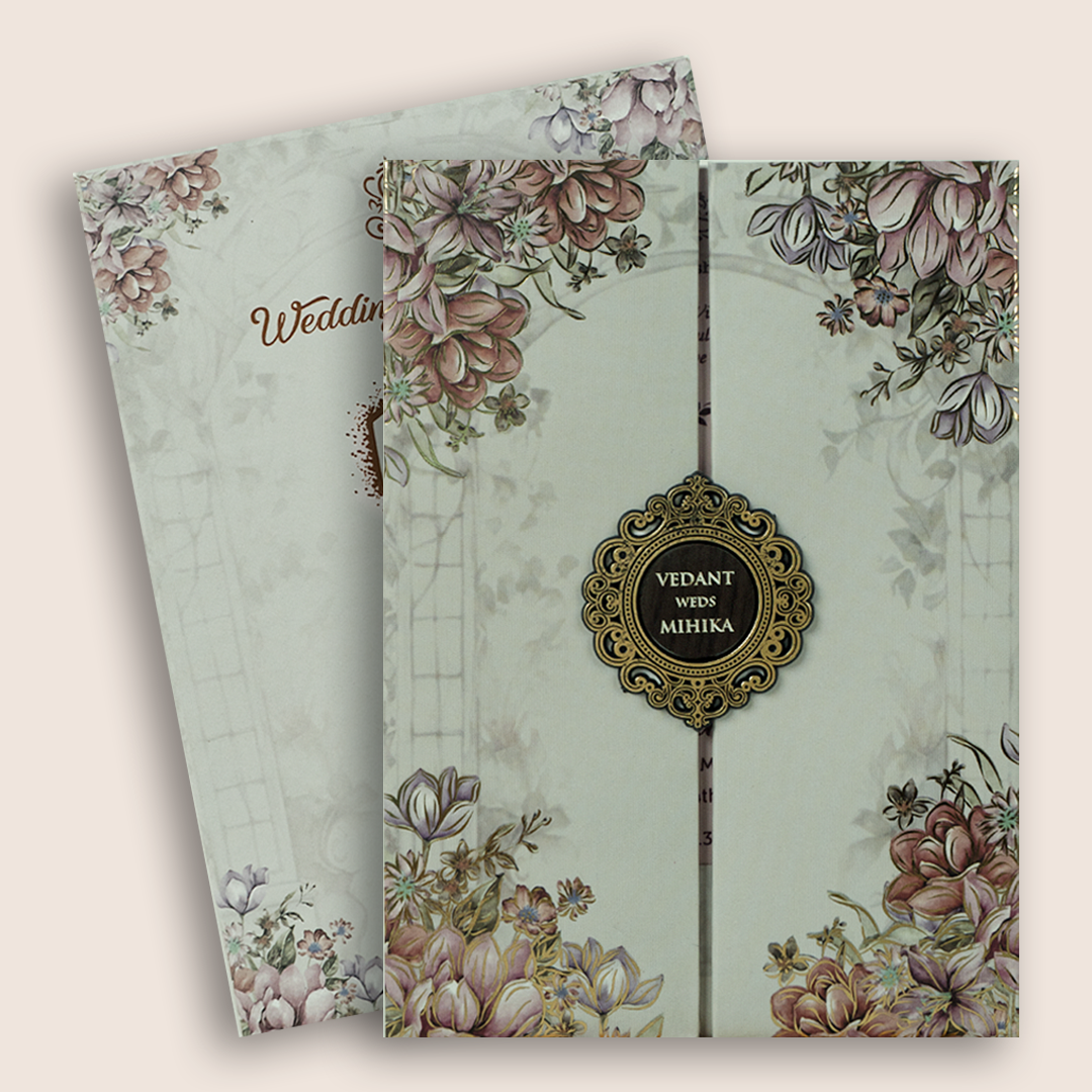 Grey Floral Padded Door Style Marriage Invitation Card - KVN07070