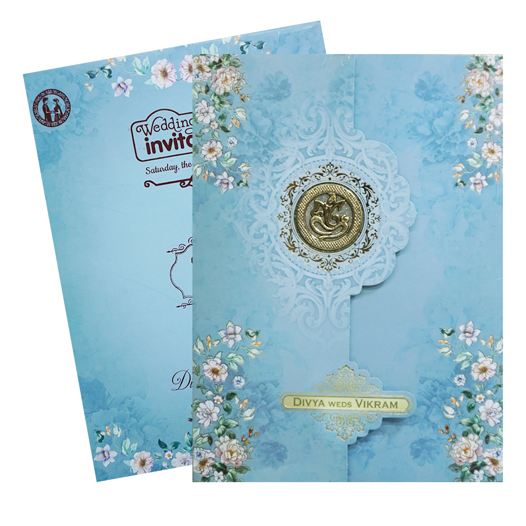 Blue Floral Ganesha Double Door Wedding Card - KNLY6103