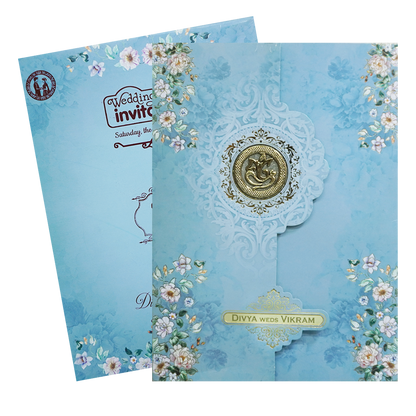 Blue Floral Ganesha Double Door Wedding Card - KNLY6103
