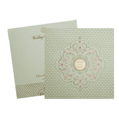 Green Pink Floral Padded Wedding Card -KMMWD1124