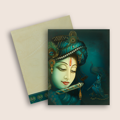 Blue Lord Krishna Padded Wedding Card - KAA06370