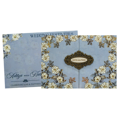 Blue Golden Floral Padded Wedding Card - KFR16400