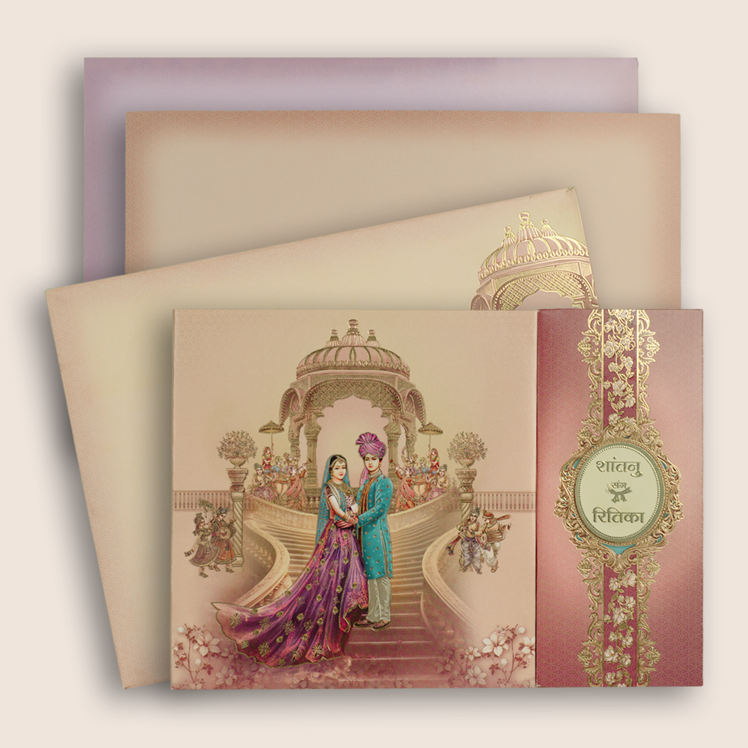 Pink Padded Bride Groom Door Style Wedding Card - KAA06180