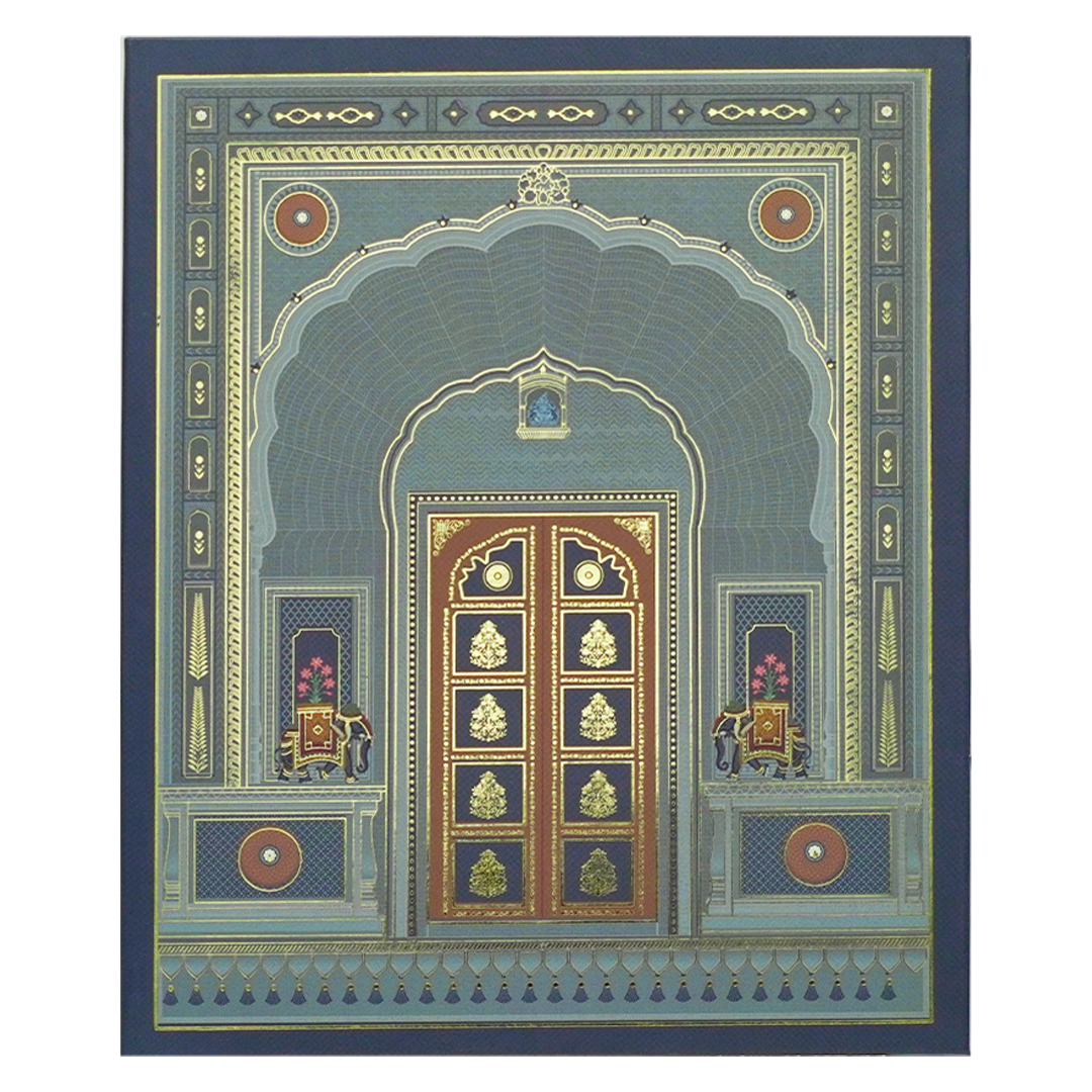 Blue Royal Arched Door Padded Wedding Card-KBM05130