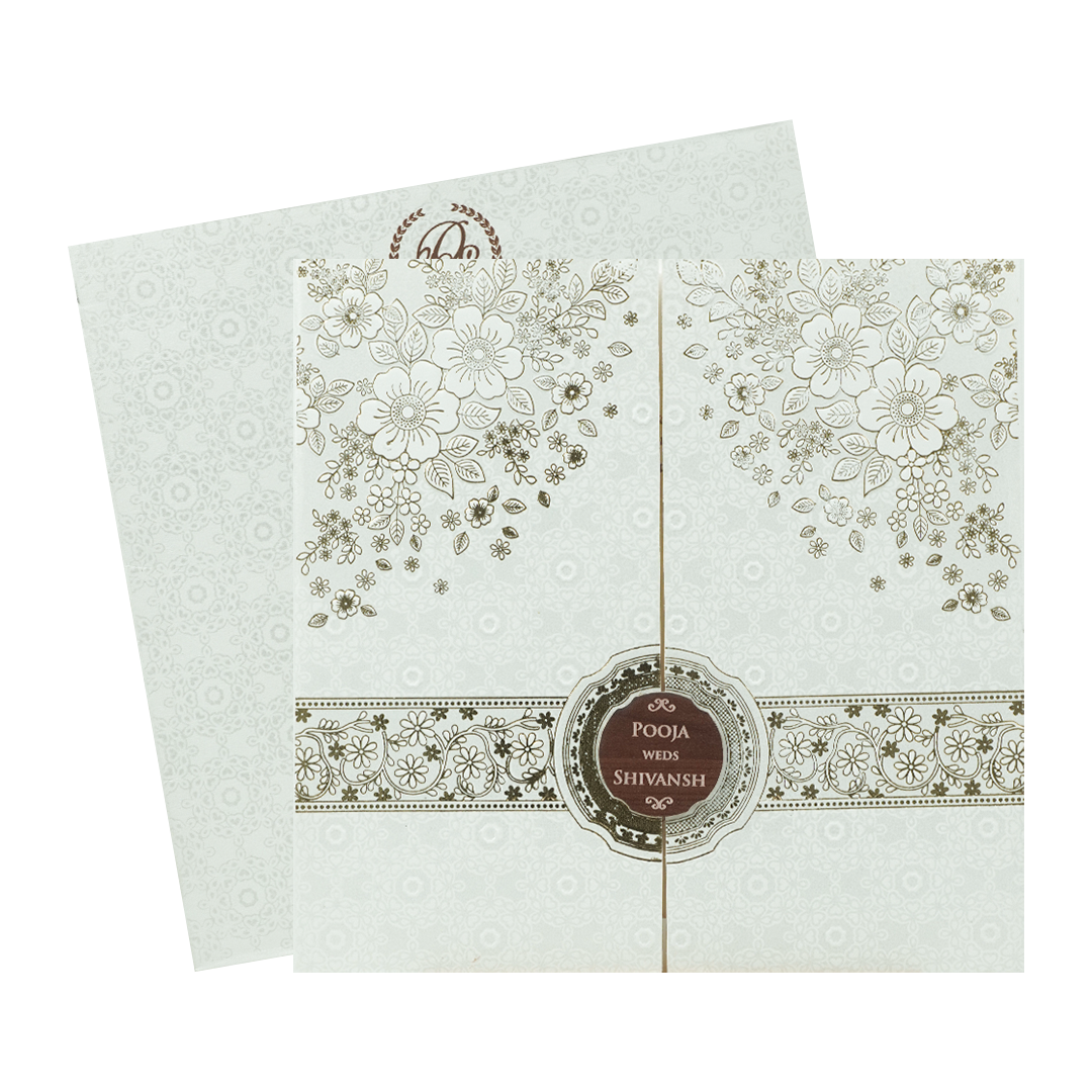White Floral Gold Band Wedding Card-KRE27010