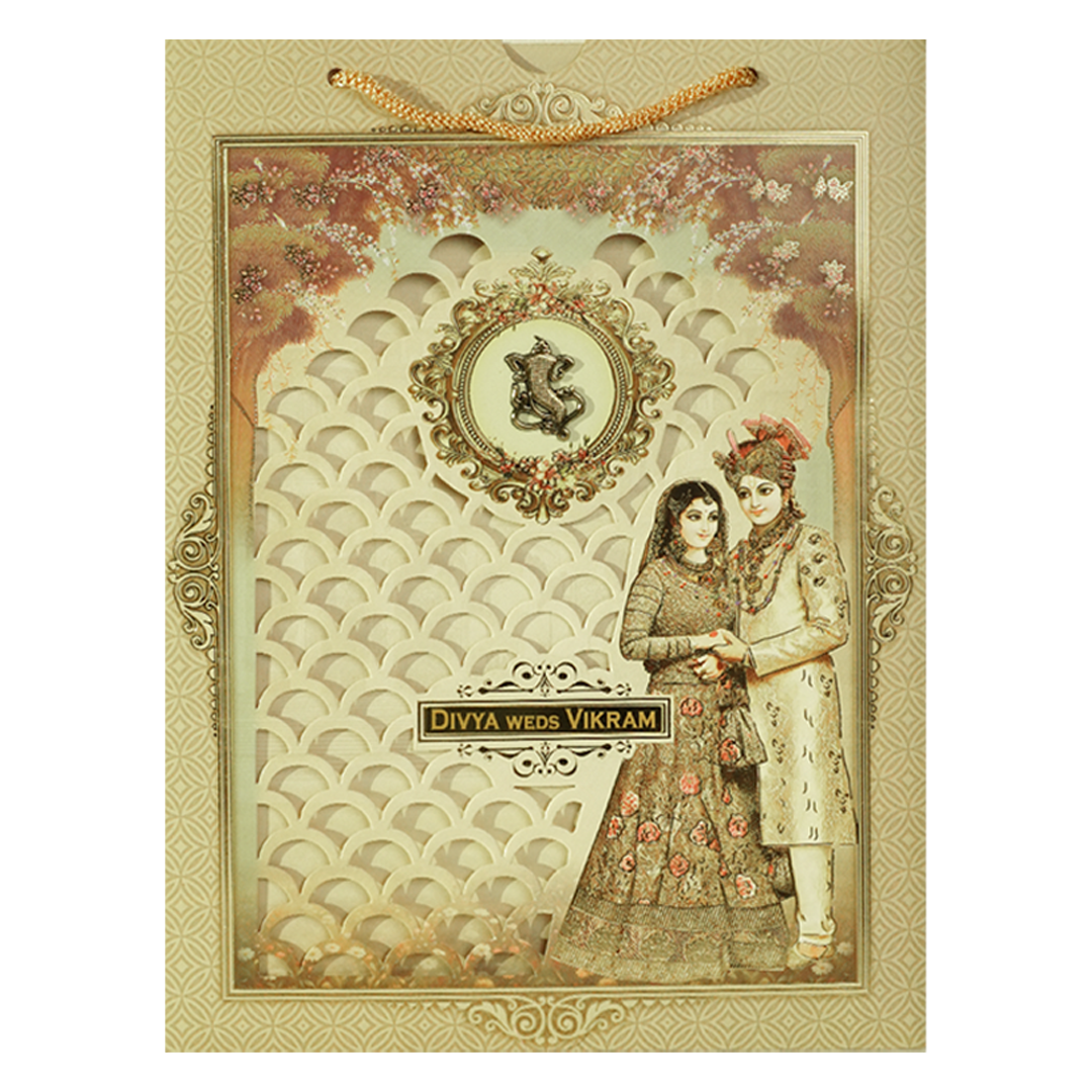 Gold Laser-Cut Floral Bride and Groom Wedding Card - KNAS3104