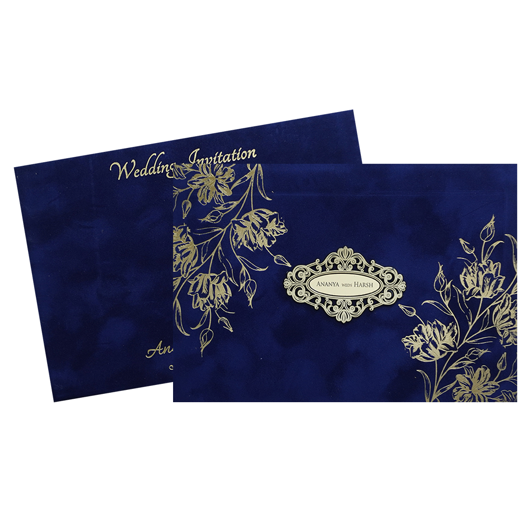 Blue Gold Floral Padded Wedding Card -KMMWD1137