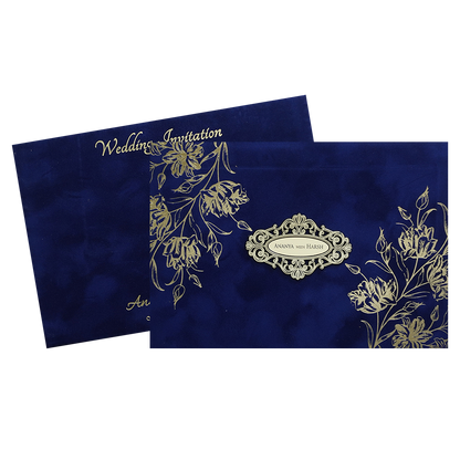 Blue Gold Floral Padded Wedding Card -KMMWD1137