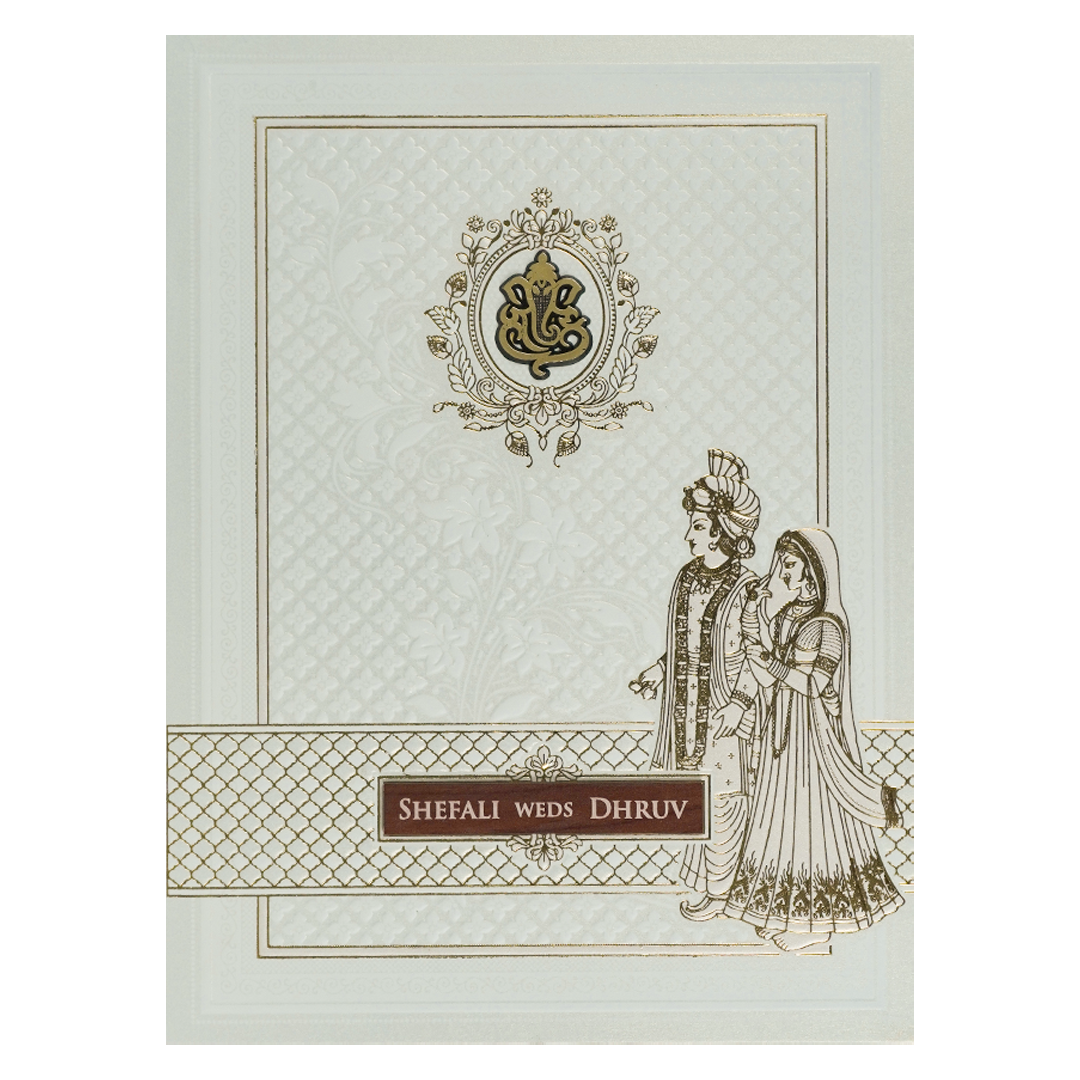 White Embossed Ganesha Wedding card-KRE28400