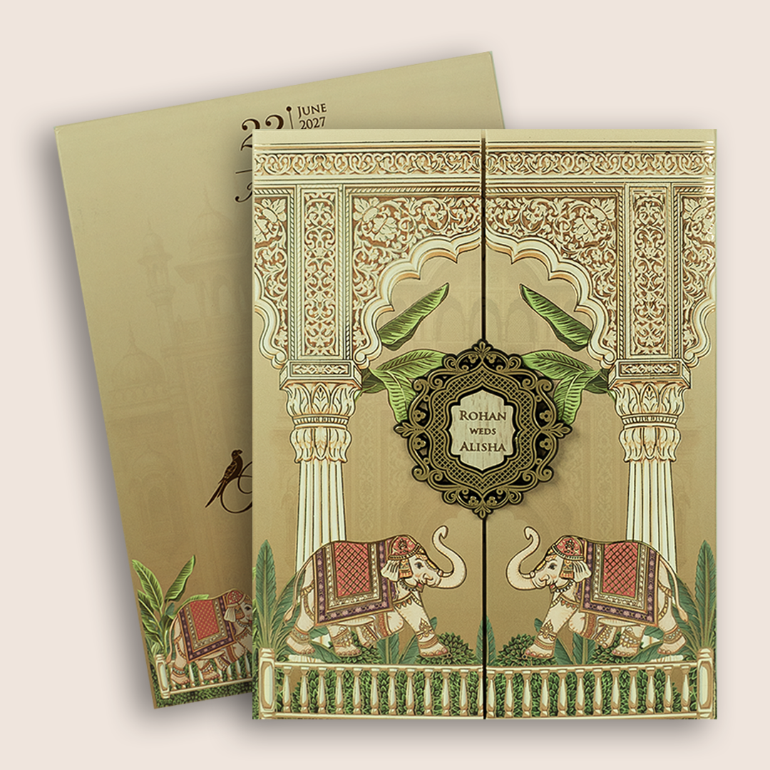 Pastel Brown Elephant Door Style Padded Invitation Card - KFR17300