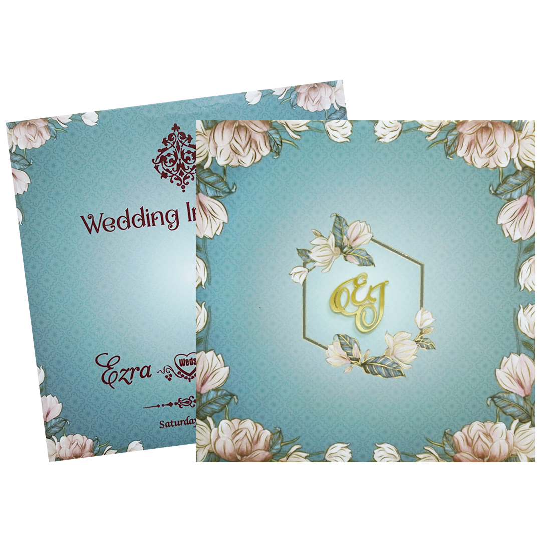 Pastel Blue Floral Envelope Padded Invitation Card - KVN07480