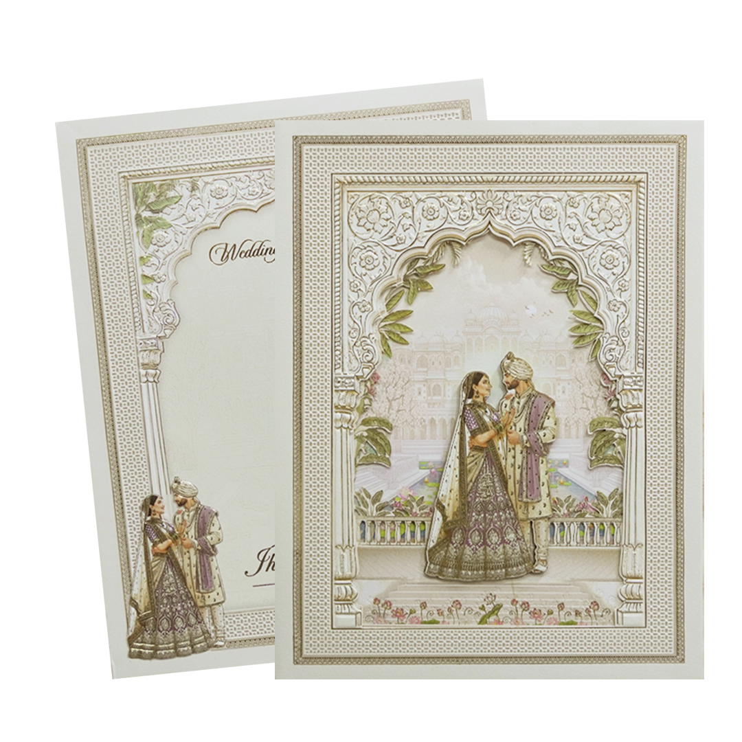 Cream Padded Laser Cut Heritage Couple Wedding Card-KMMEX8170