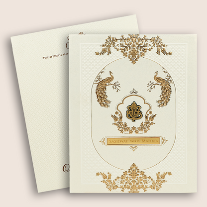 Cream Embossed Peacock Floral Padded Wedding Card - KRE29160