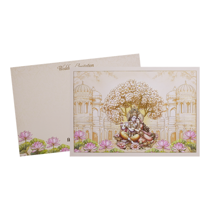 Orange Radha Krishna Palace Padded Wedding Card - KMMWD1145