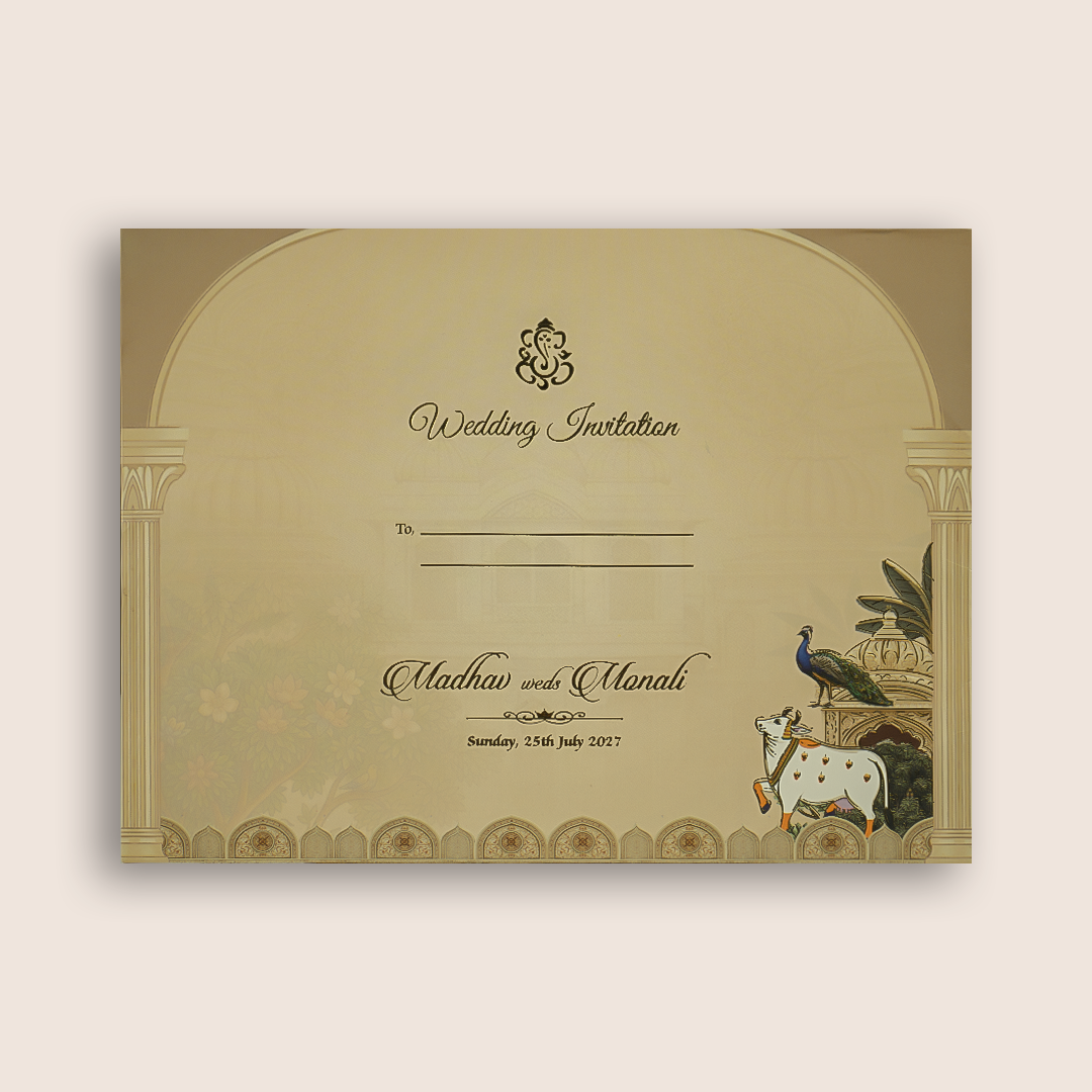 Cream Kamadhenu Floral Laser Cut Padded Invitation Card - KJTS3697