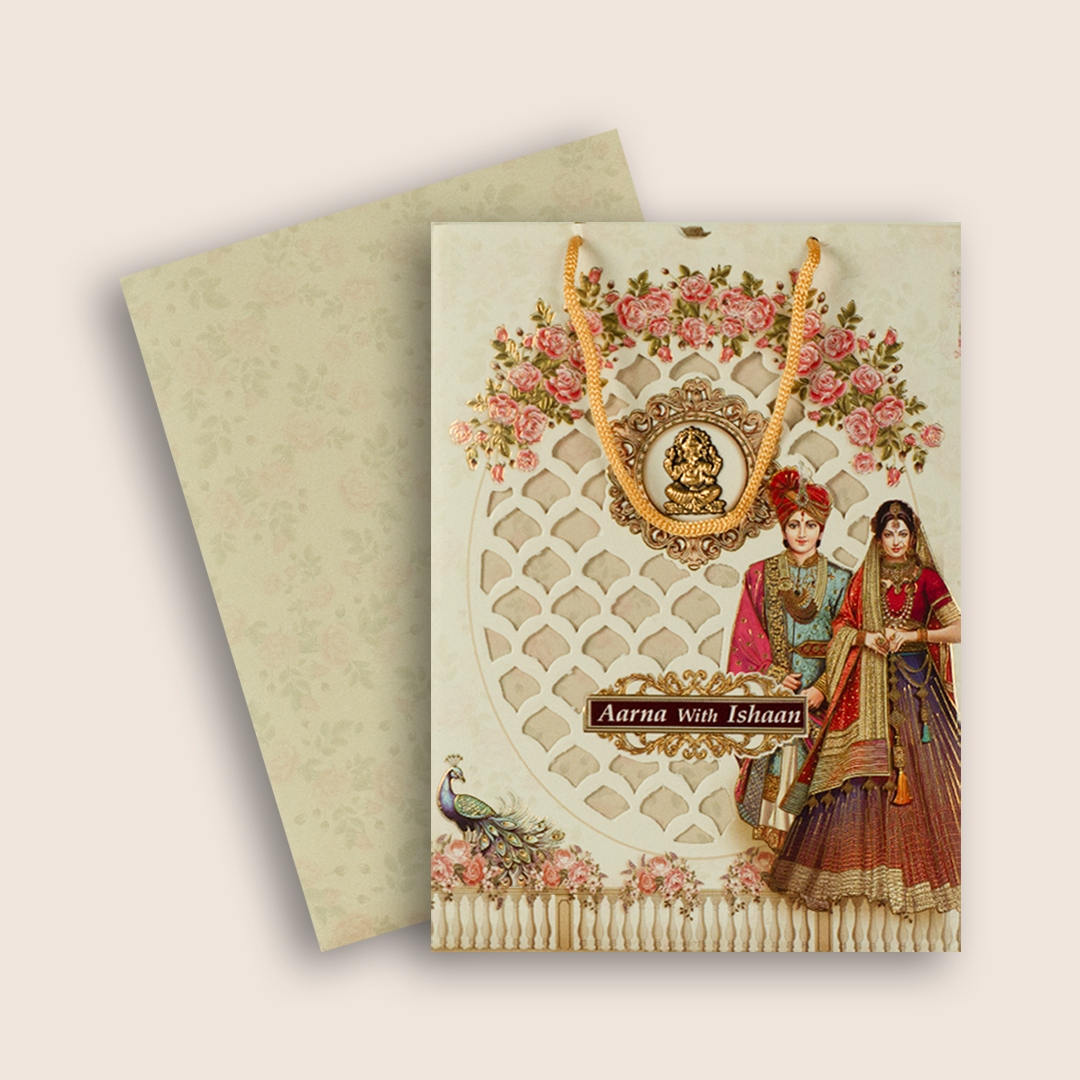 Cream Laser Cut Bride Groom Bag Style Marriage Card - KSH73220