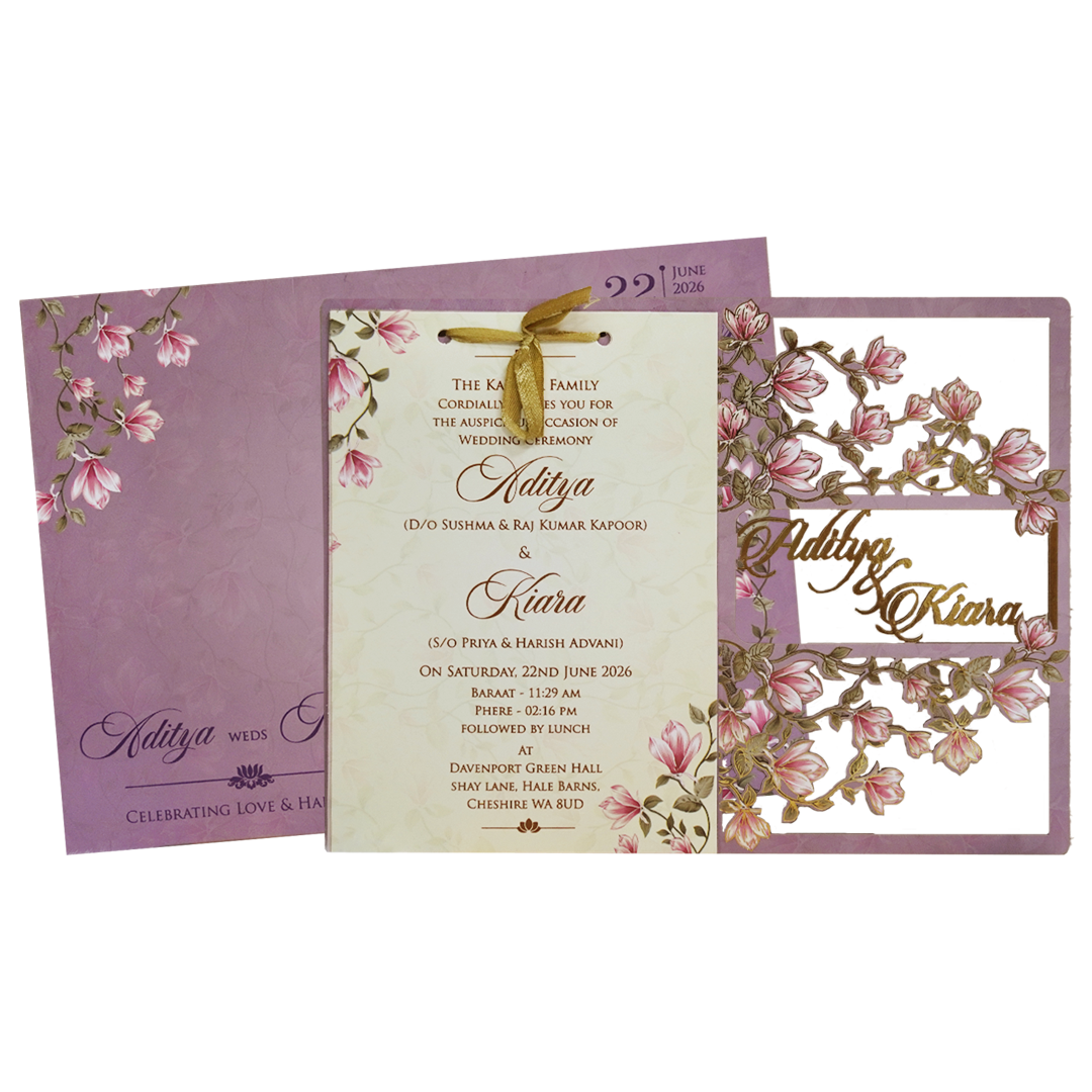 Lavender Lilly Flower MDF Laser Cut Wedding Card - KFR16080