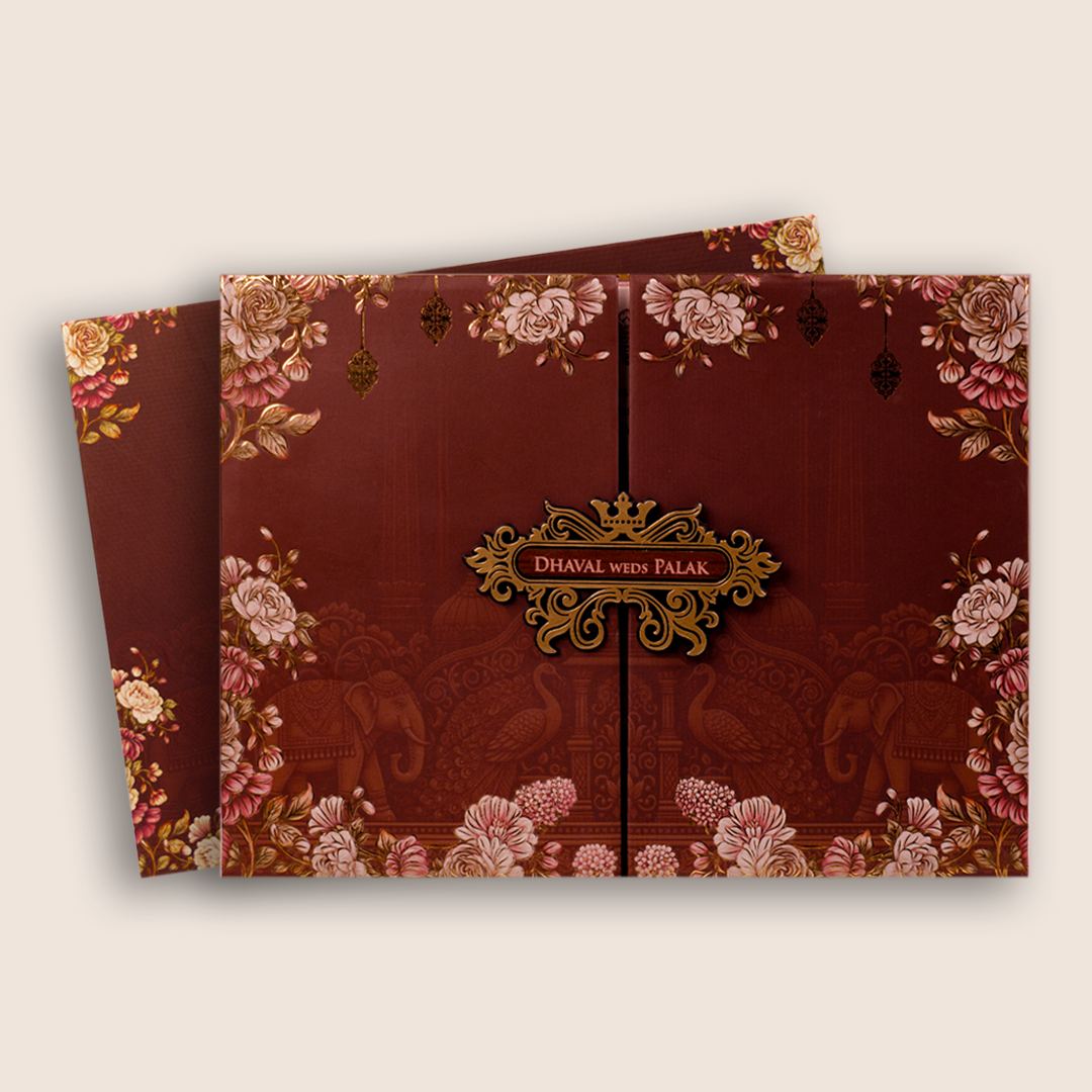 Brown Padded Floral Door Style Invitation Card - KVN07890