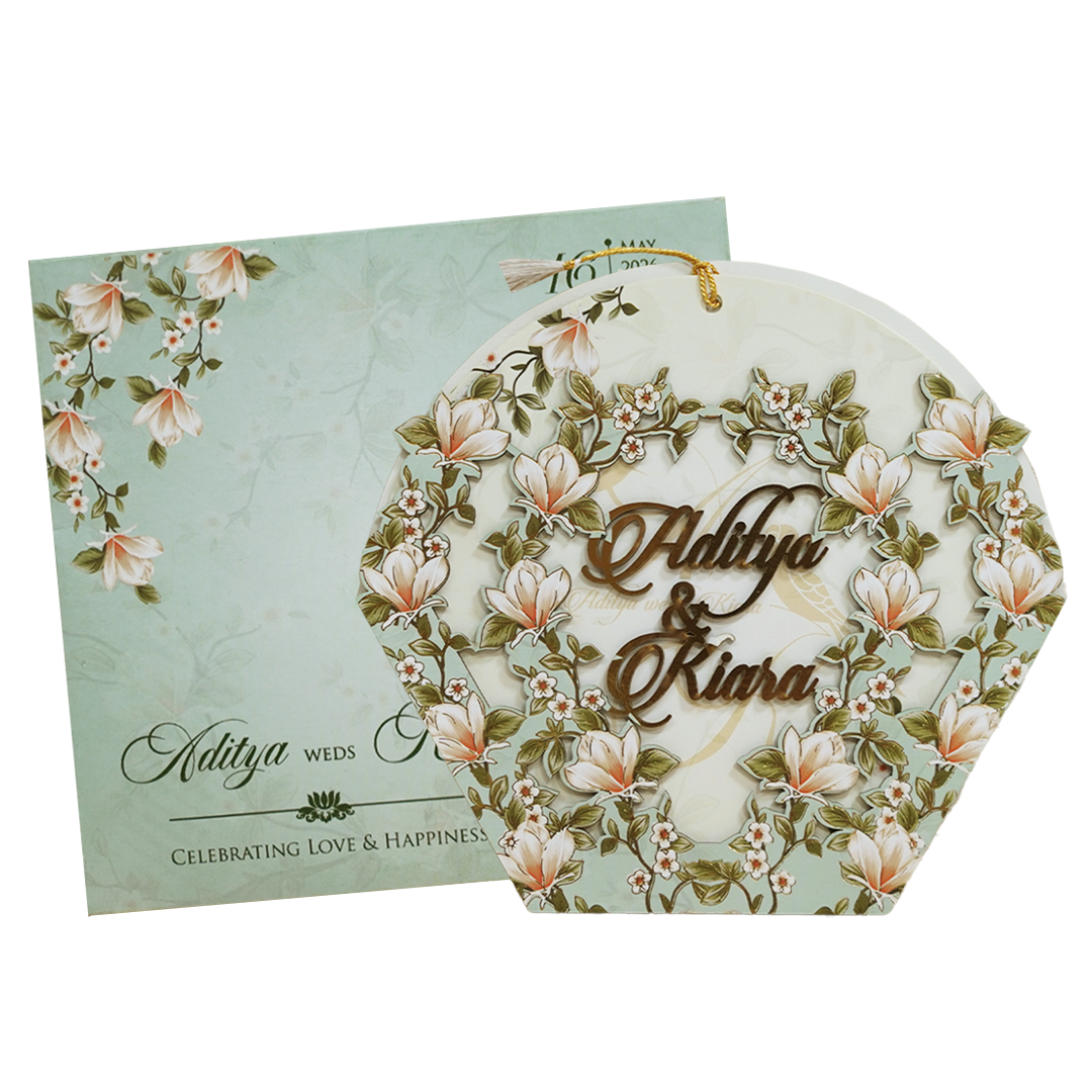 Pastel Green Peach Floral Wedding Card - KFR16110