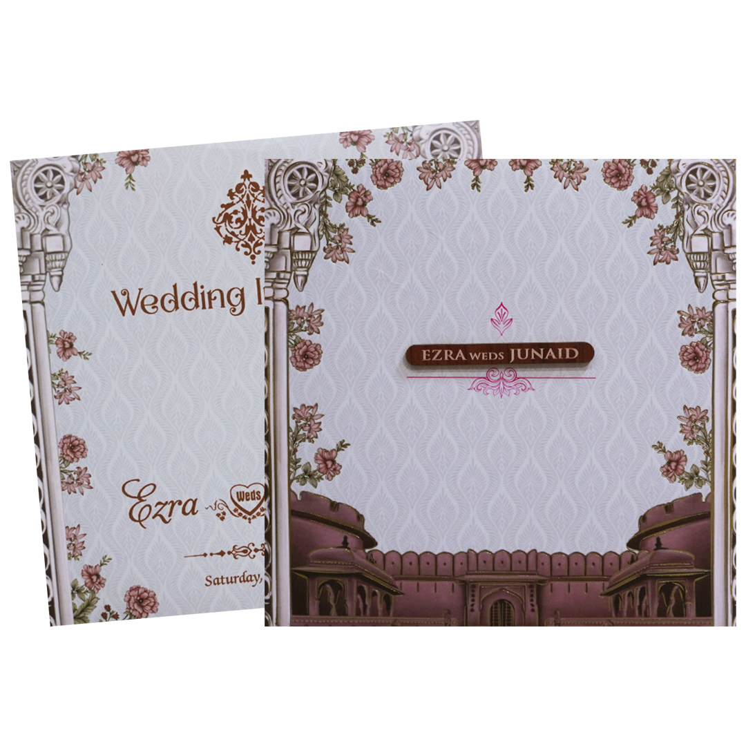 Grey Padded Palace Themed Wedding Card - KVN07490